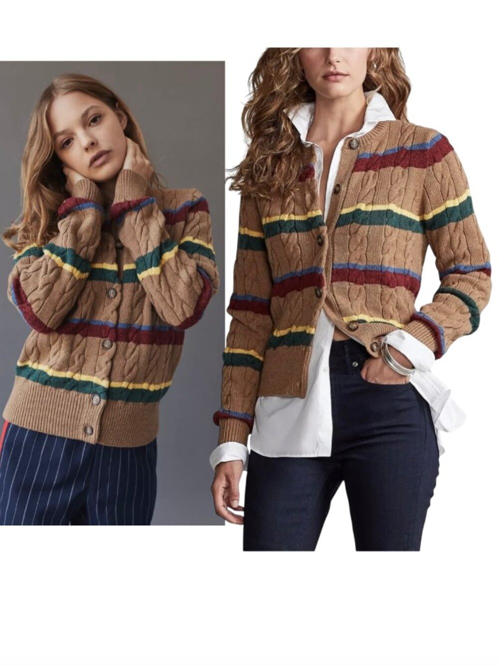POLO RALPH LAUREN Striped cotton wool cable knit cardigan sweater sz M